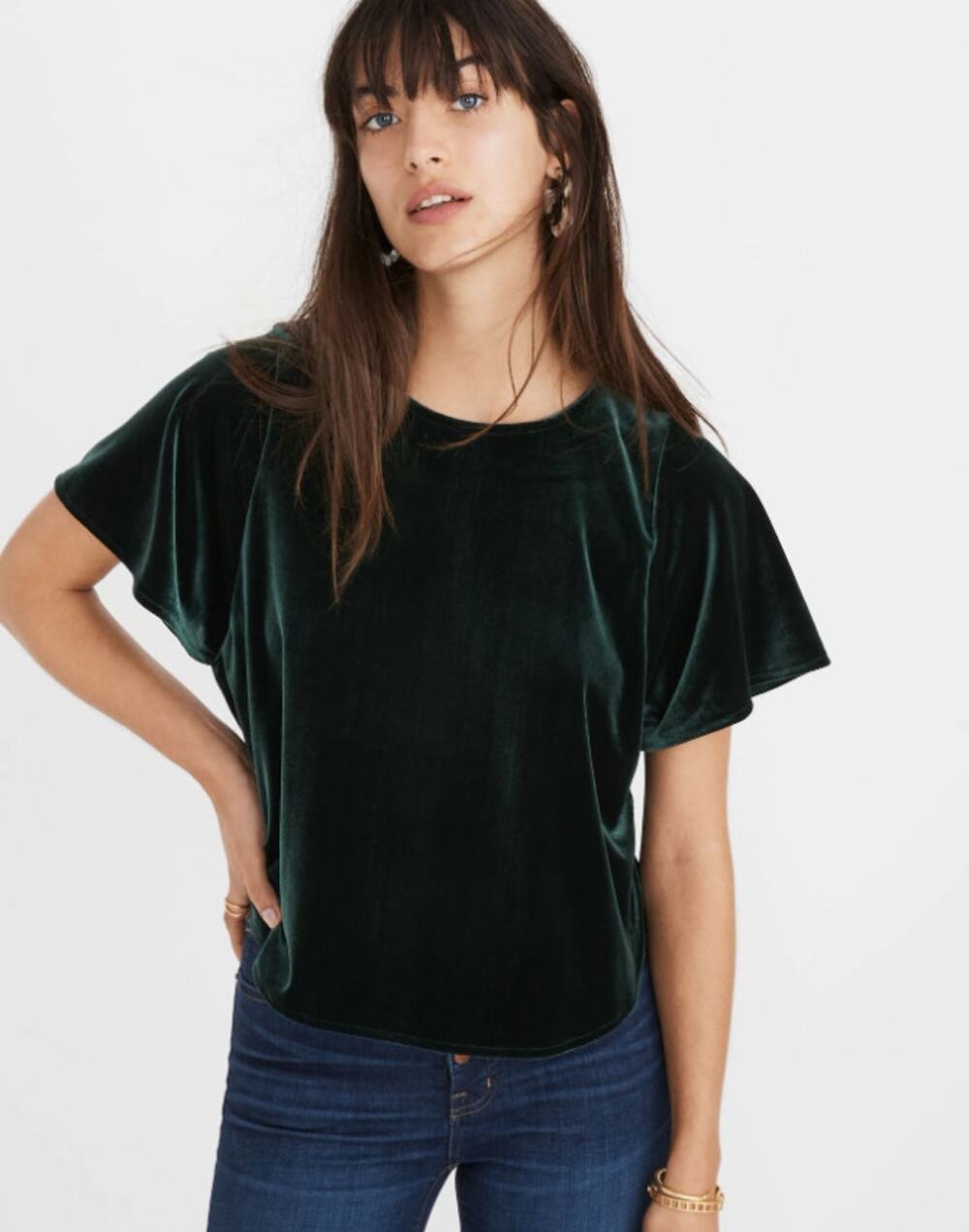 MADEWELL anthropologie dark green velvet butterfly casual everyday top blouse